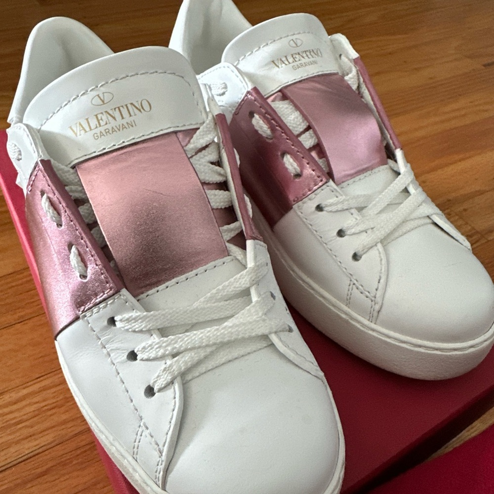 Valentino Garavani White and Metallic Pink Sneakers